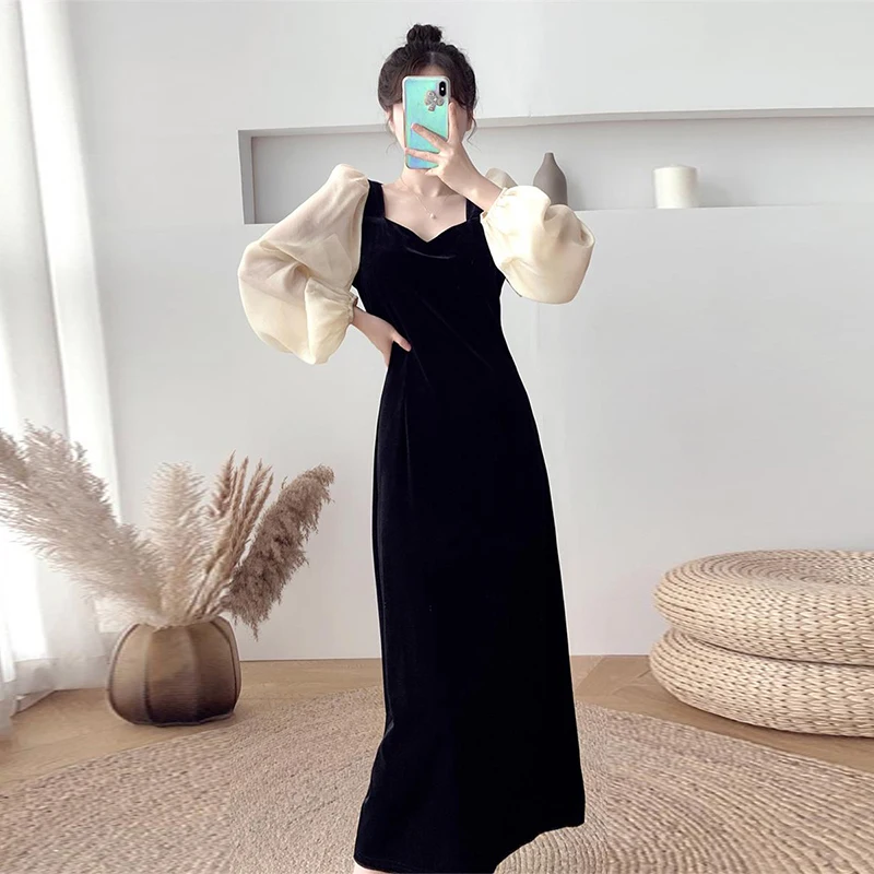 Women Velet Dresses Retro Autumn Winter Hepburn Style Elegant Long Dress