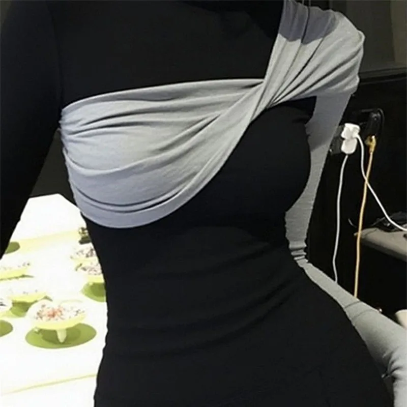 ربيع الخريف الشتاء حسن المظهر تي شيرت بلوزة المرأة تصميم تحسس عالية الرقبة تي شيرت الراقية المتناقضة اللون قاعدة قميص