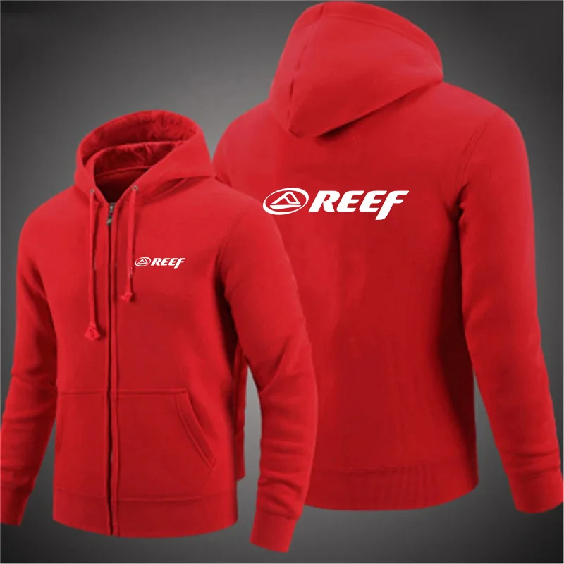 Reef cárdigan con capucha para hombre, chaqueta Jacquard con bolsillo y cremallera, deportes, Fitness, ocio al aire libre, correr, ropa deportiva de Color sólido