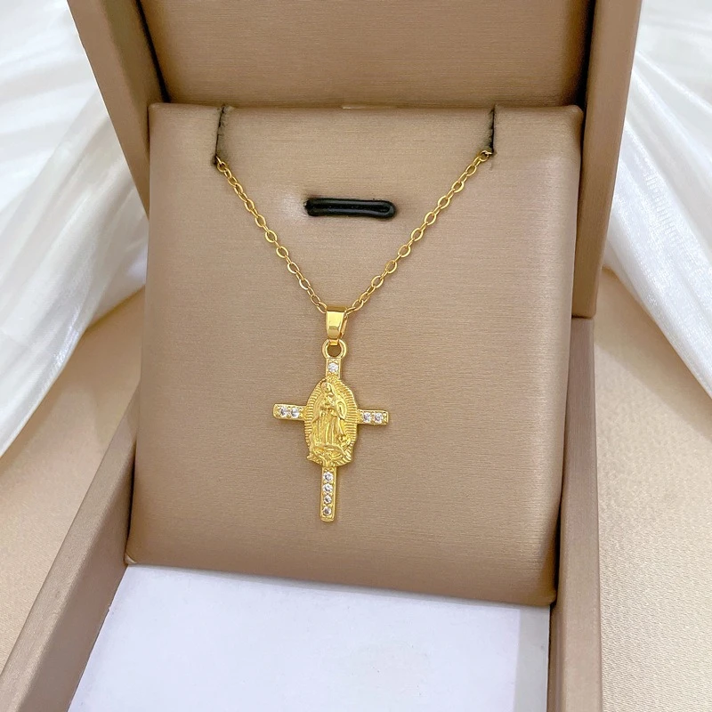 Elegant 18K Gold-plated Virgin Mary Cross Copper Inlaid Zircon Pendant Necklace for Women Devout Believers Faith Jewelry Gift