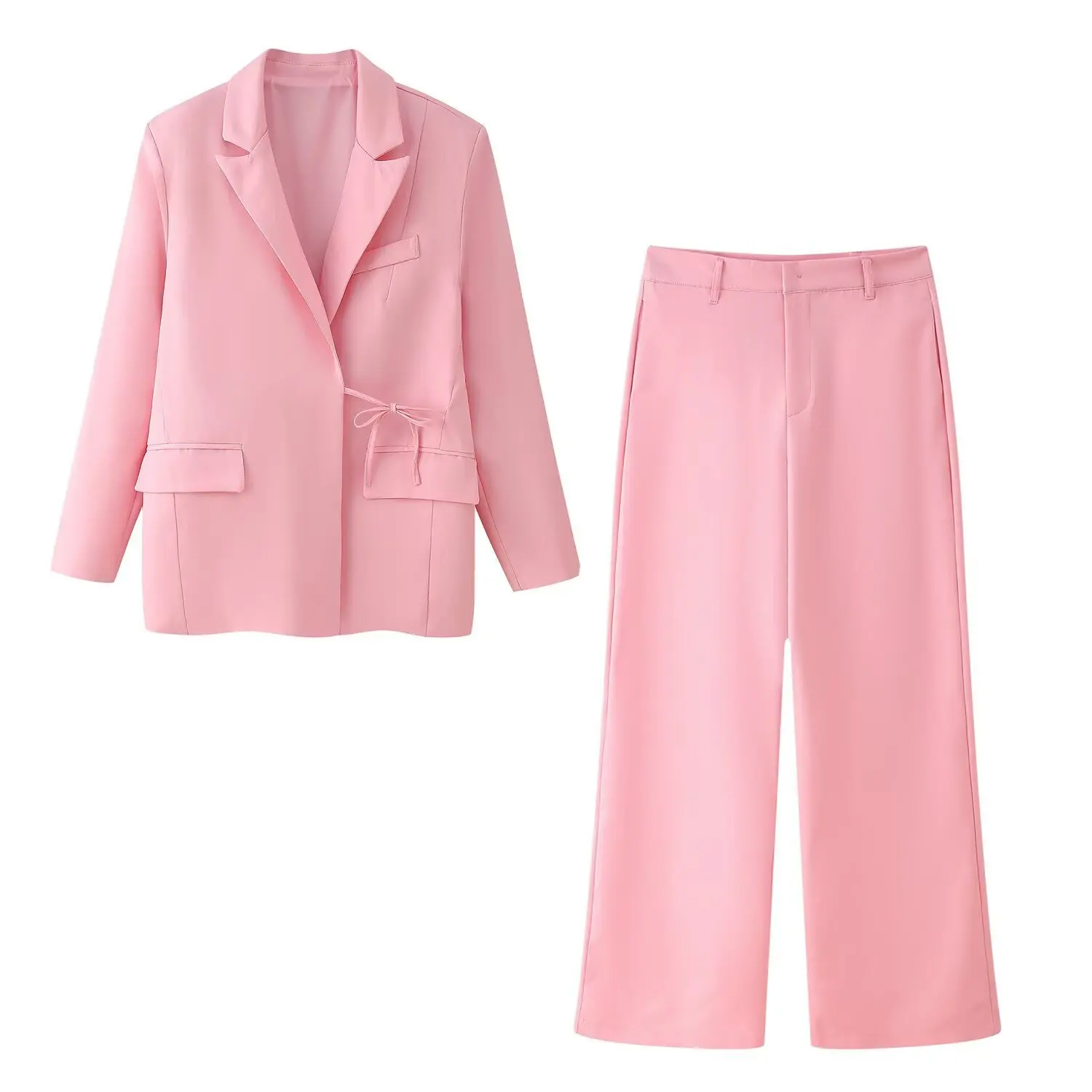 

2025 Spring Two Piece Pant Set Office Lady Elegant Blazers+Wide Leg Pant Solid Pink Lace Up Shrug Straight Chic Women Blazers