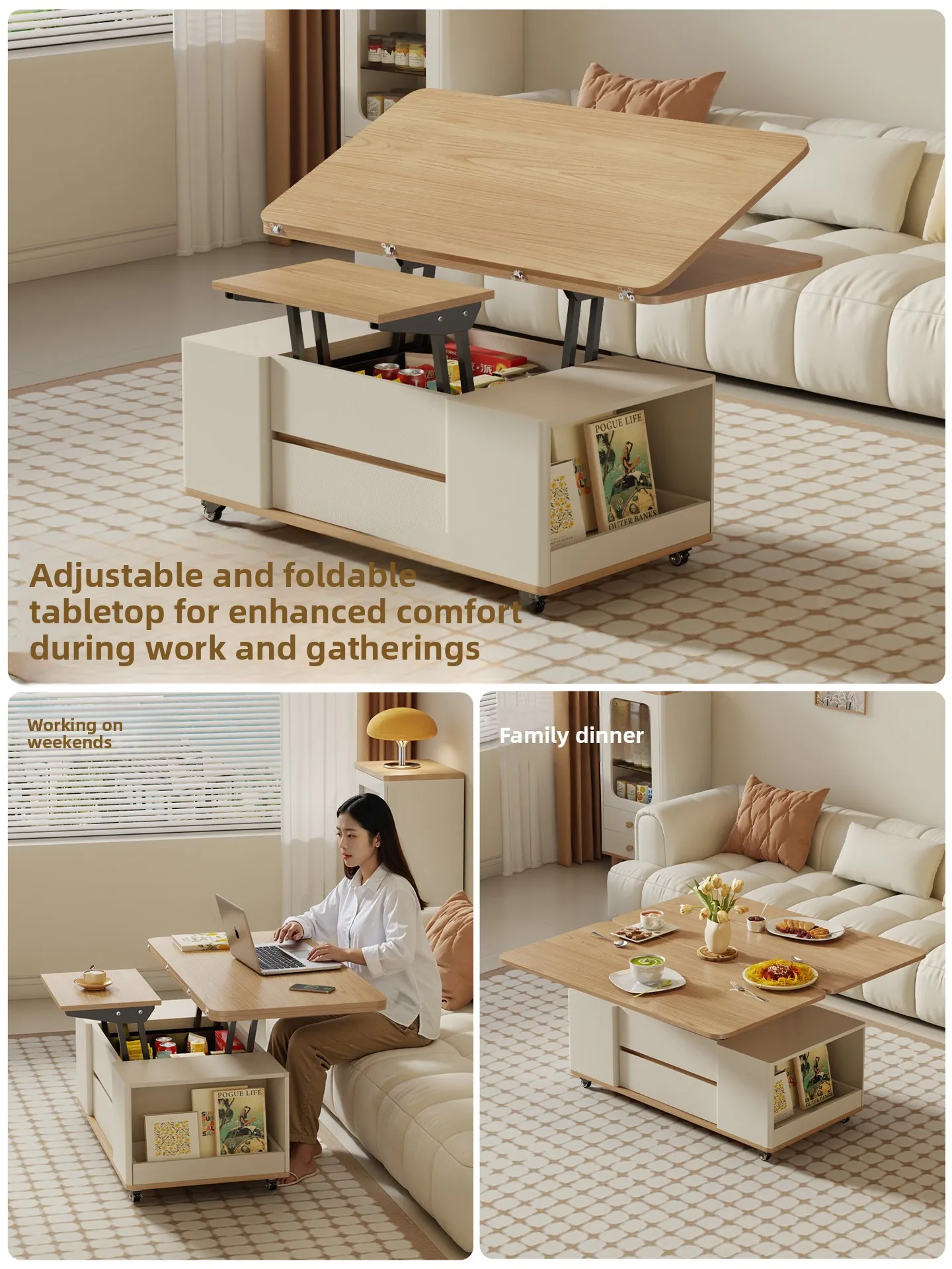 LMM lift folding coffee table dining table two-in-one movable side table living room tea