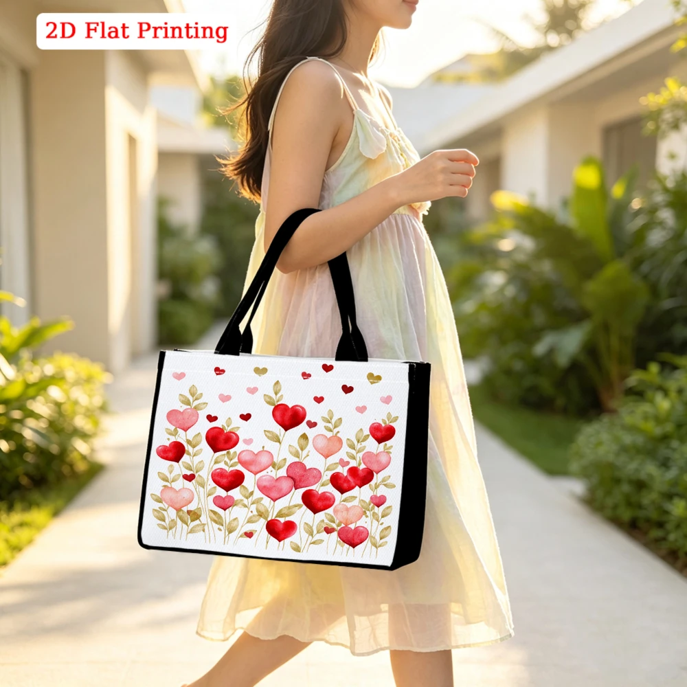 Bolso Tote Grande para Mujer, Estampado Floral con Corazones en Rojo, Rosa y Dorado, Regalo de San Valentín para Ella, Bolso de Mano Elegante para Uso Diario