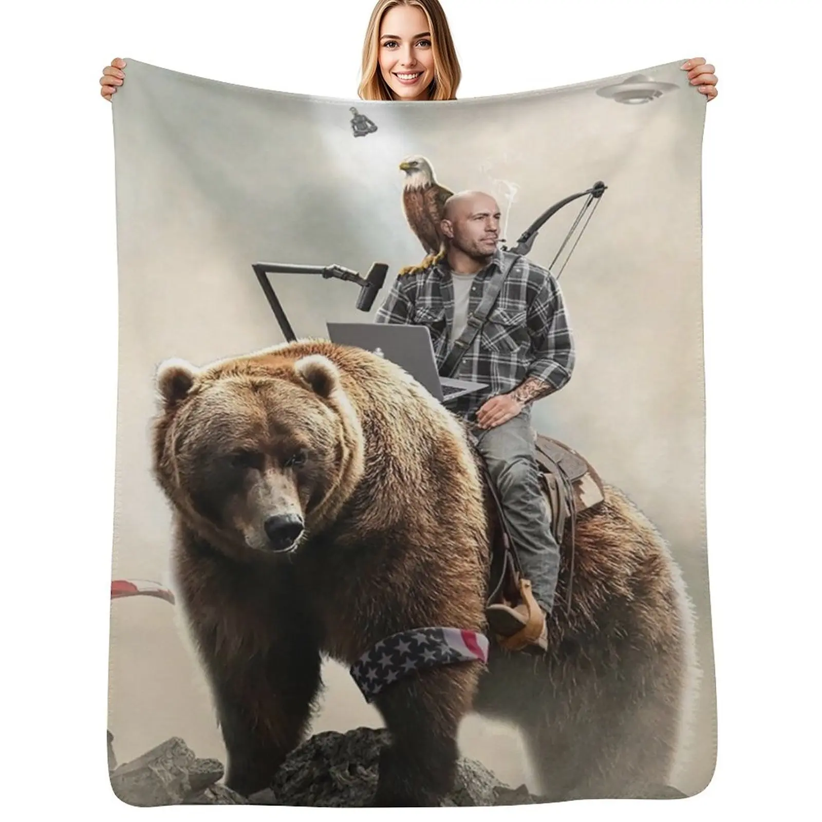 Joe Rogan Riding A Bear (+ Aliens) Throw Blanket Spring Fall Cozy Throw Blanket for Couch