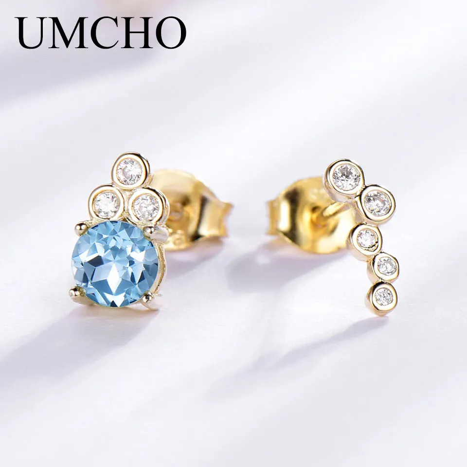 

UMCHO 925 Sterling Silver Natural Sky Blue Topaz Stud Earrings For Women Wedding Engagement Party Gift Fine Jewelry