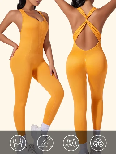 Imagen 2 del producto Mono con espalda cruzada abierta para mujer, ropa deportiva, monos, conjuntos de Yoga, mono de entrenamiento de una pieza para Fitness