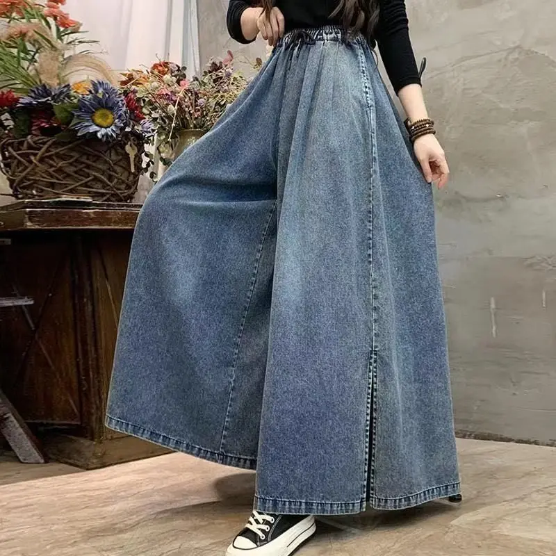 Women Blue Denim Culottes Wide Leg High Waist Split Hem Palazzo Skirt Pants Vintage Casual Loose Fit Trousers for Spring Summer