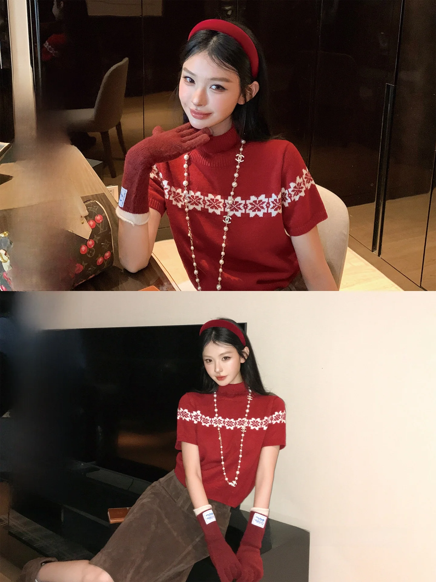 

Okaaay Cisas Overture Осенне-зимний винтажный свитер с узором Fair Isle, высоким воротником и коротким рукавом, женский повседневный свитер