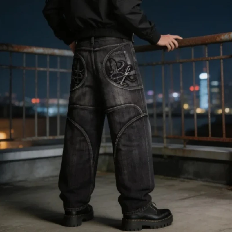New Casual Unisex Grunge Y2k Vintage Washed Jeans Men Cross Embroidered Streetwear Wide Leg Denim Pants Gothic Distressed Pants