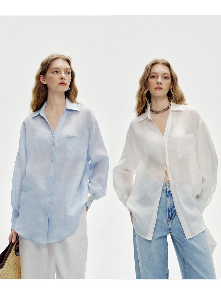 

Elegant Loose Fit Linen Shirt Women's Summer Style Casual Slouchy Silhouette Pocket Detail Breathable Sun Protection