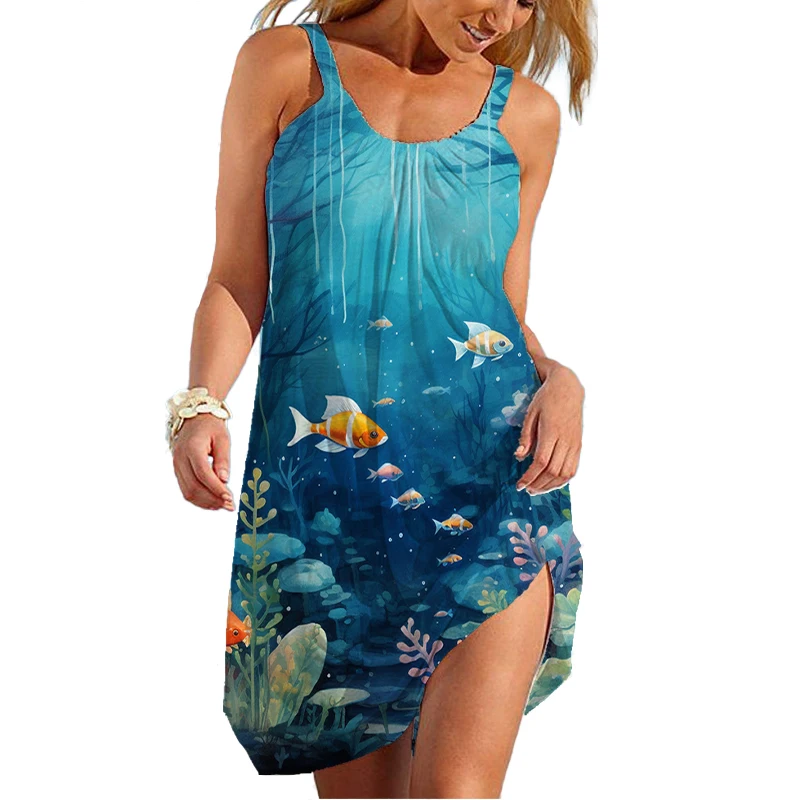 Summer New 3D Printed Beach Dress Sexy Dress Underwater World Shoulder Sleeves Women's Sundress Women's Casual Short Skirt Traf