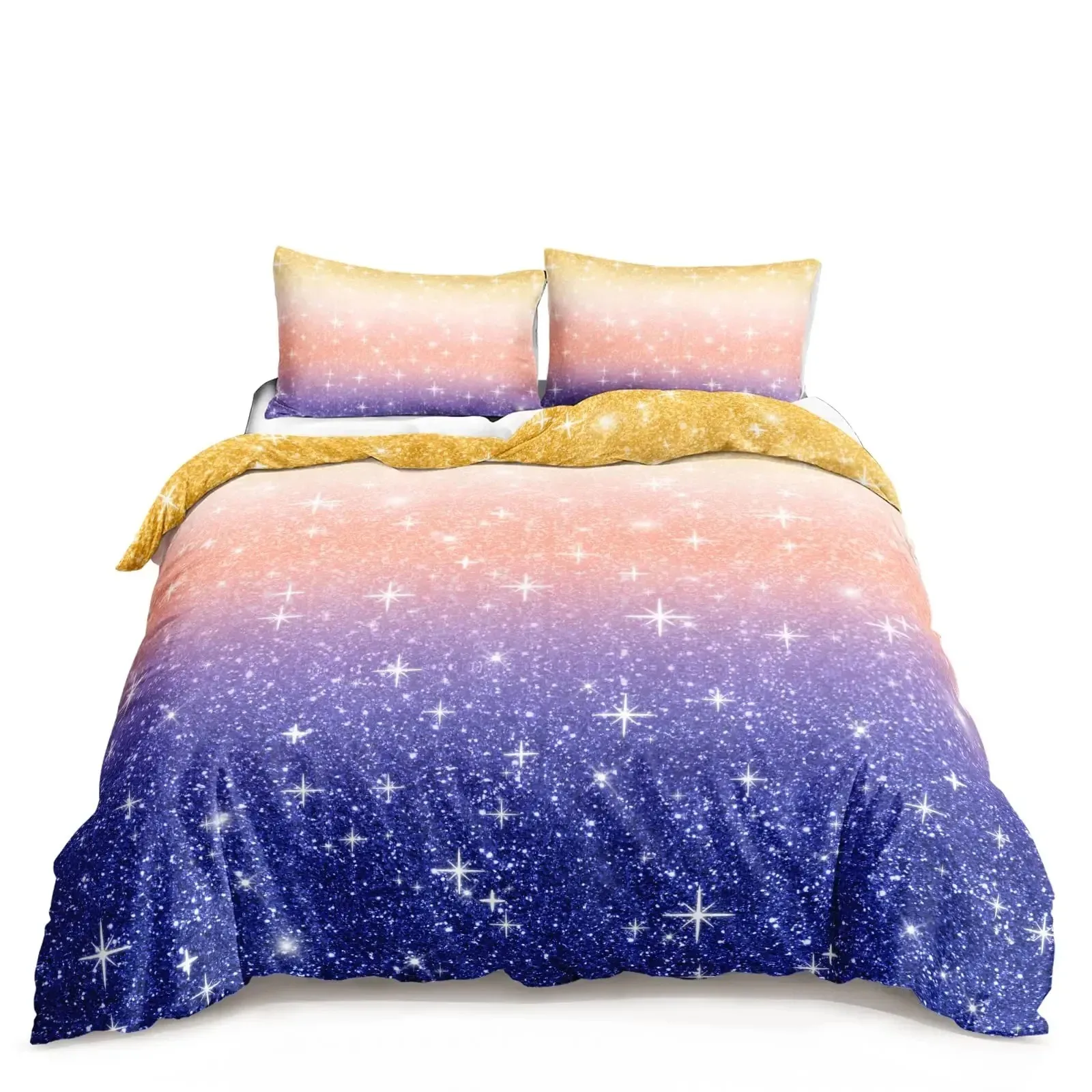 Kawaii Moon Starry Night Sky Duvet Cover Set Blue Pink Purple Star Galaxy Bedding Sets Full Size For Boys Girls Comforter Cover