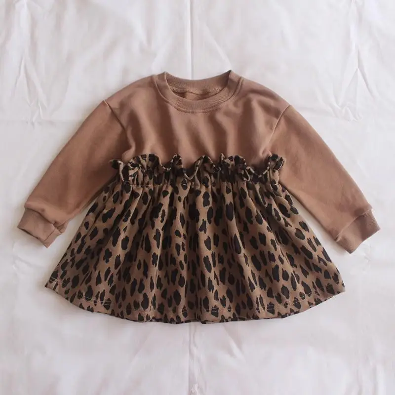 Girl Dress Spring Autumn 2024 New Leopard Print Sweater Spliced Princess Clothes Casual Simple Fashion Sweet Korean Cute Vintage