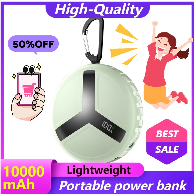 10000mAh Power Bank with Outdoor Wearable Hook Retractable Cable and Super Fast Charging Function Mobile Power