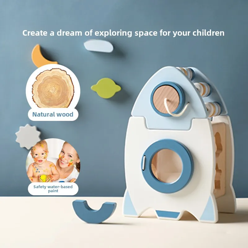 Puzzle Wooden Rocket 5-in-1 Baby Toys Set Building Blocks Montessori Education Shape Cognition Busy Board Games Interactive Toys