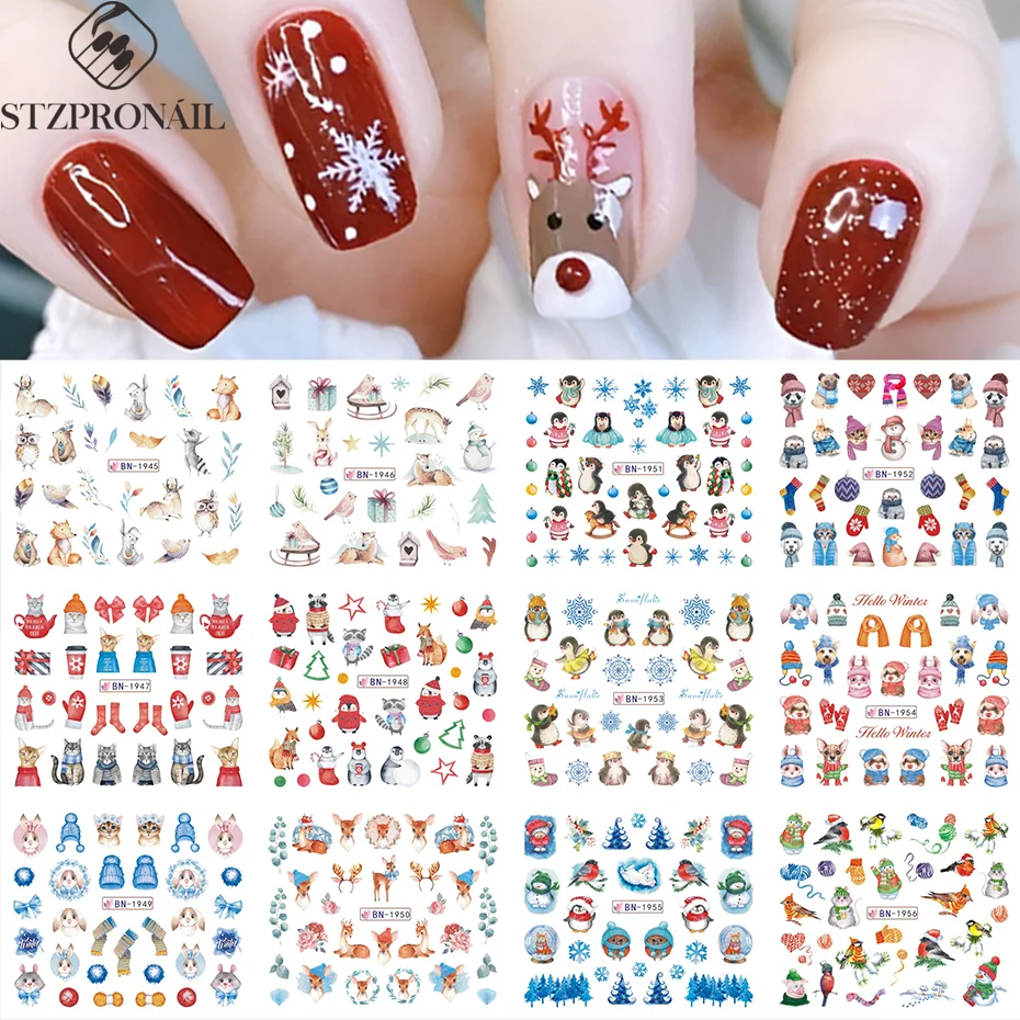 12pcs Nail Art Water Sticker Christmas Winter Cute Elk Penguin Snowman Rabbit Cat Image Design DIY Nail Decoration SLBN1945-1956