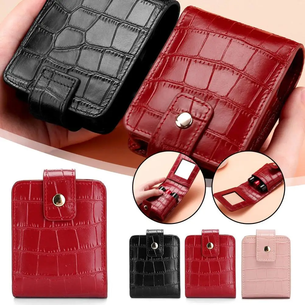 PU Leather Crocodile Pattern Mouth Red Bag Storage Small Portable Makeup Lipstick Bag With Mirror Makeup Handbag