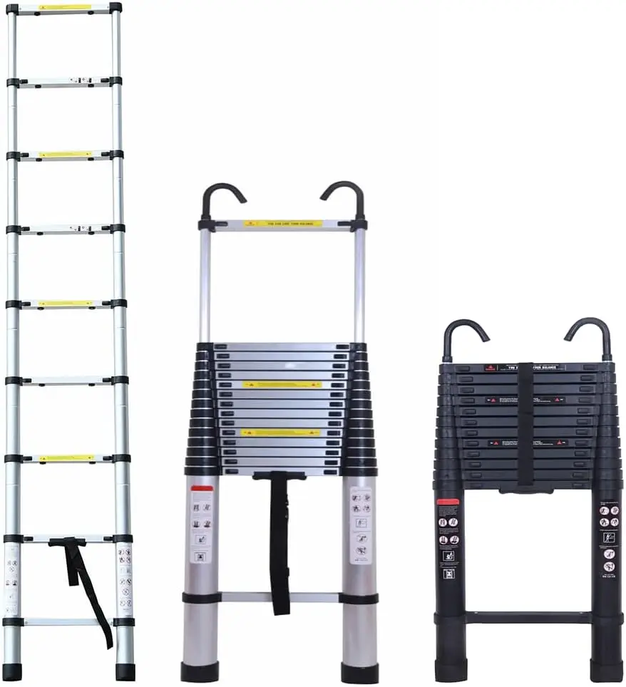 Detachable Hooks 16.4FT, One-Button Retractable Collapsible Ladder, Telescoping Folding Ladder, RV Home Loft Attic Ladder, 330lb