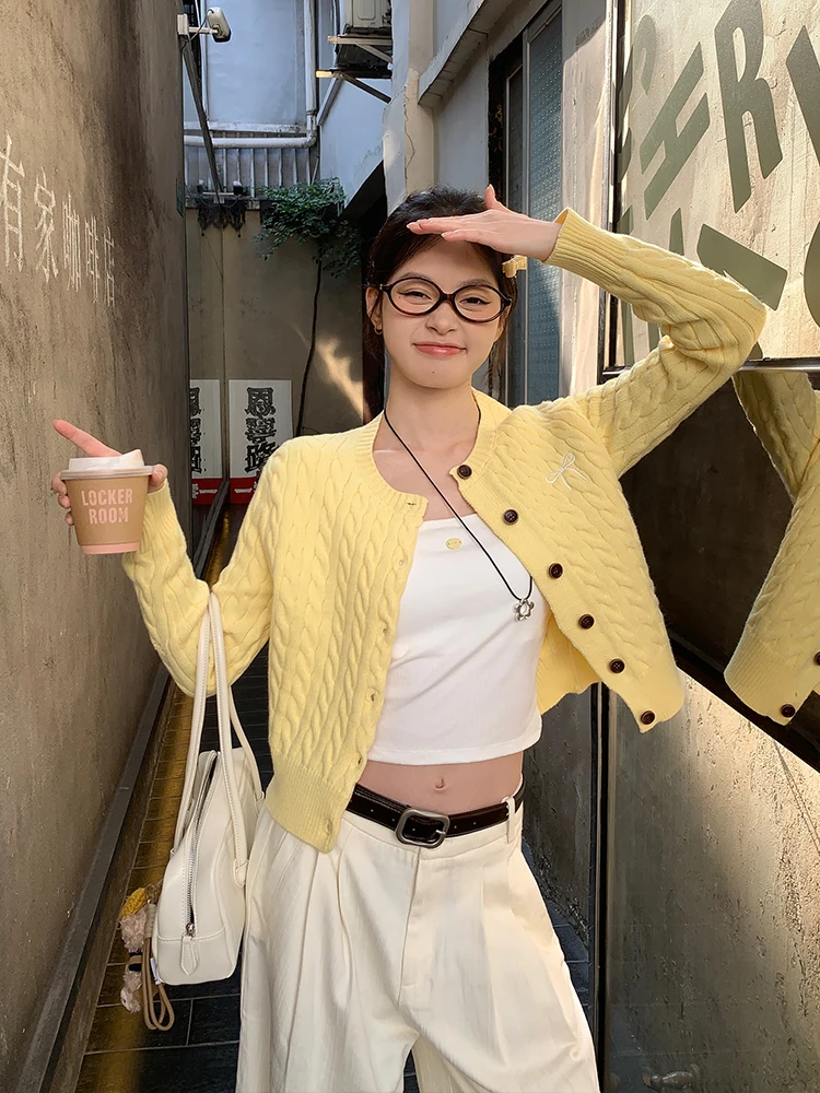 

Женский вязаный кардиган Jaet Knot ort Sve Long Sve Autumn New Sle Yellow Flax Twist Вязаная верхняя одежда