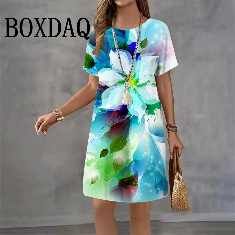 Tie Dye Flowers 3D Printed Dresses For Women 2026 Summer Clothing Casual 3D Butterfly Pattern Short Sleeve A-Line Dress Vestidos