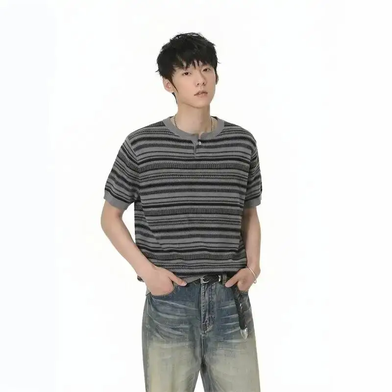 Men's Grey Knit T-shirt Old Money Style Colorblock Striped Slim Casual Short Sleeve Tee Trendy Summer Pullover Tops 8LQ5