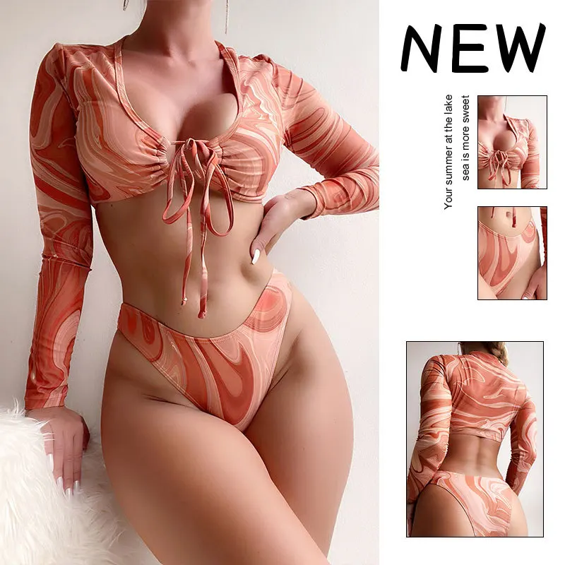 

2025New Printed Long-sleeved Sunscreen Split Swimsuit Women's Ins European and American Lace-up High-waisted Swimsuit Bikini Set