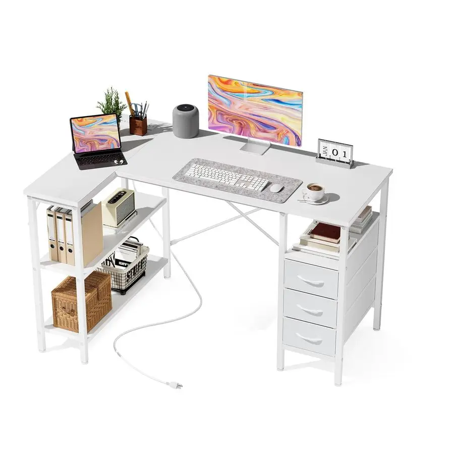 

L Shaped Desk with Shelf Drawers 47 Inch, White Corner Computer Desks Gaming with Power Outlet, Study Table with Ad Customizable