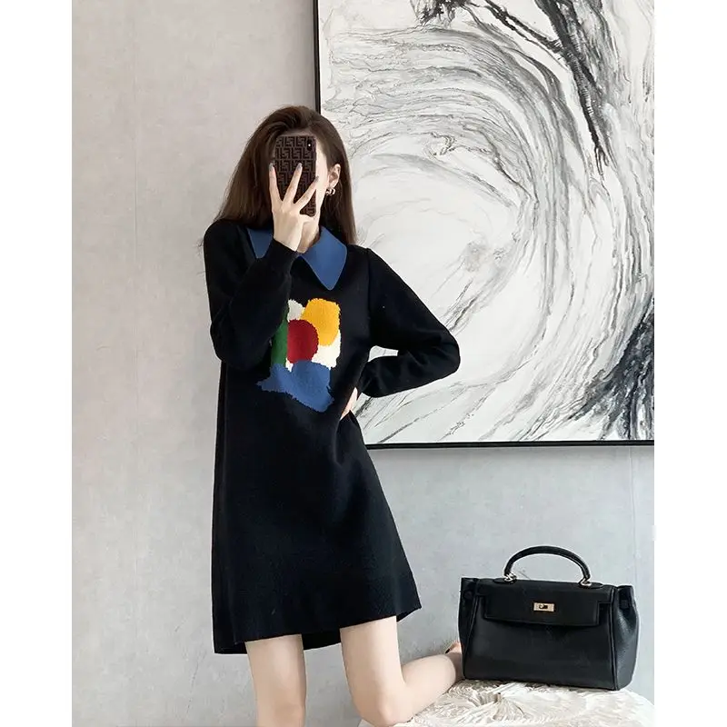 Autumn 2023 New Black Knitting Long Sleeve Midi Dress Interior Lapping Female Fashion Printing Turn-down Collar Casual Dresses