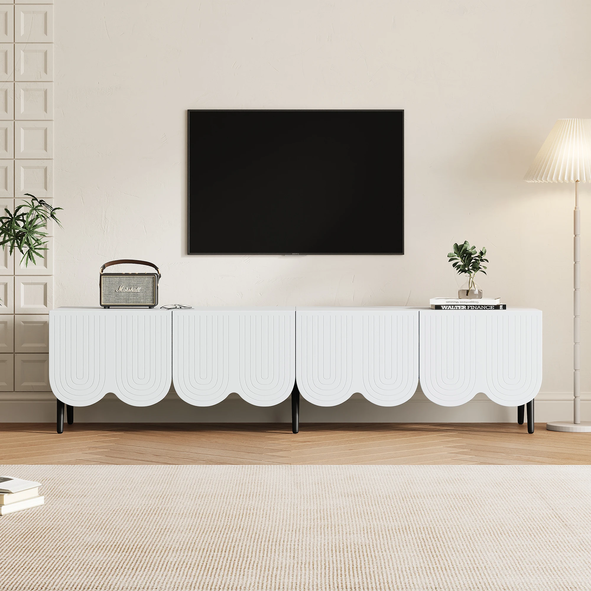 Modern TV wardrobe in White with Unique Pattern-180x40x45 cm For television to 80 inches Two Doors and Cable Management