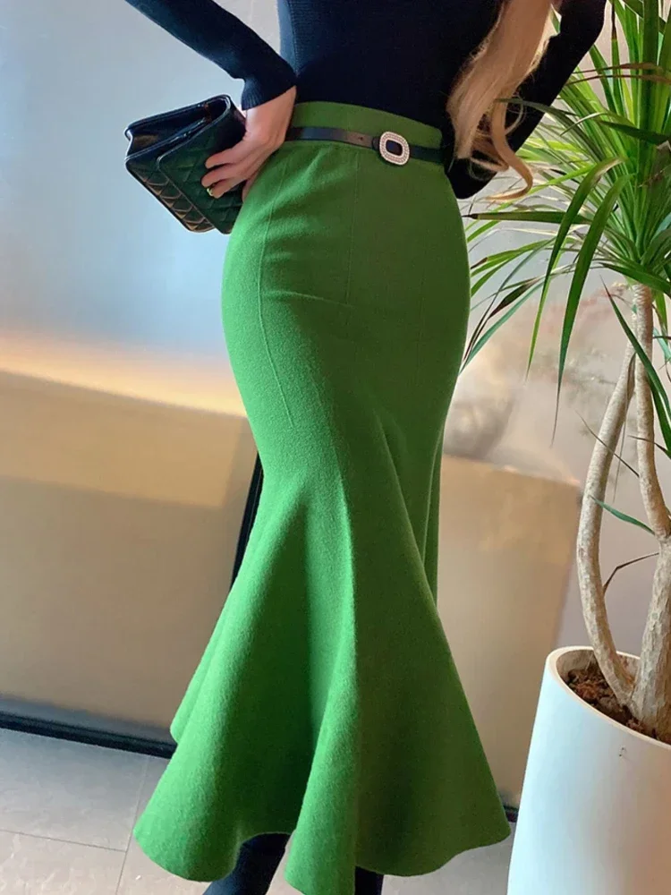 

Women's Skirts Knitted Long Skirts for Women Fashion 2025 Autumn Winter Solid Color Green Vintage Slim A-LINE Skirts for Woman