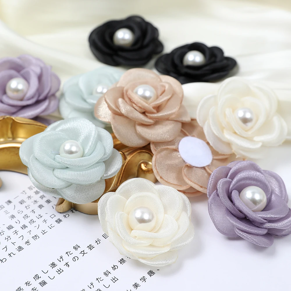 5PCS Artificial Flowers Head With Bead Chiffon Fabric Hairpin Corsage Wedding Dress Clothing Making Accessories Silk Flowers