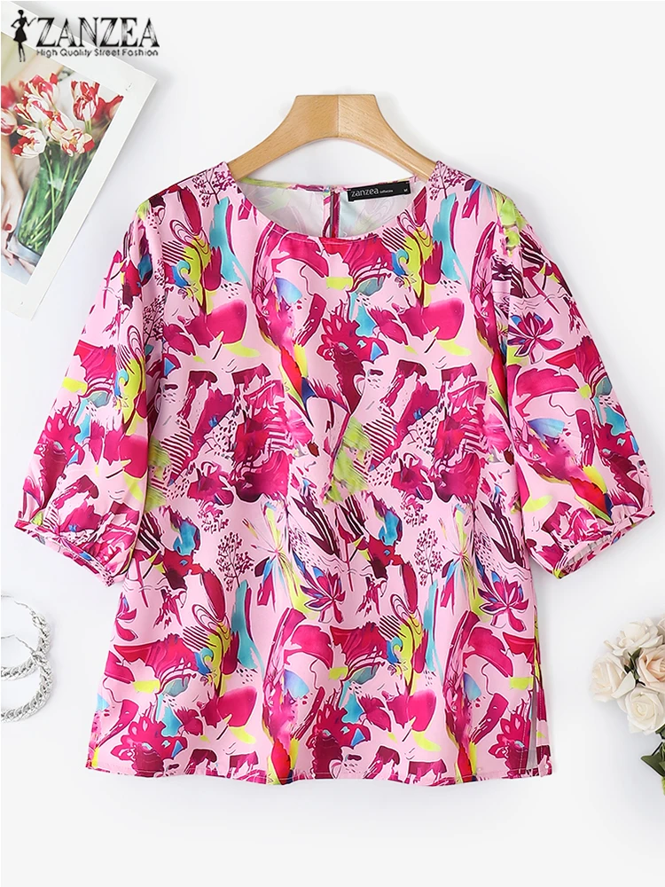 2025 ZANZEA Bohemian Women Blouse Summer Tops Fashion 3/4 Sleeve Casual Loose Shirts Round Neck Floral Printed Blusas Oversized