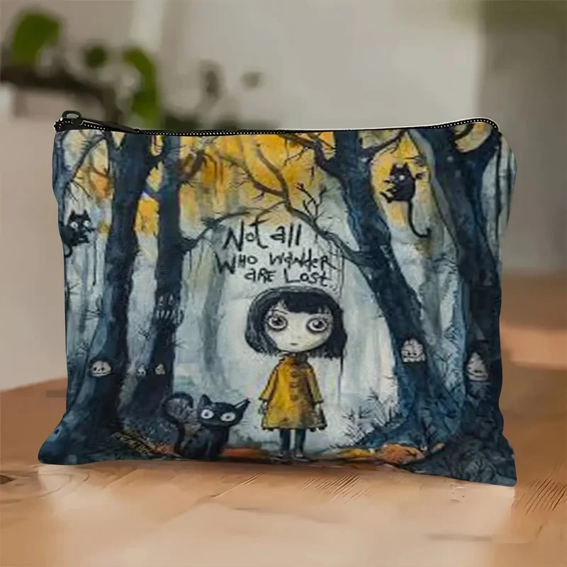 1PC Lonely Autumn Black White Contrast Canvas Makeup Bag Missing Girl Fear Shadow Print 2D Flat Cosmetic Pouch Perfect for Hallo