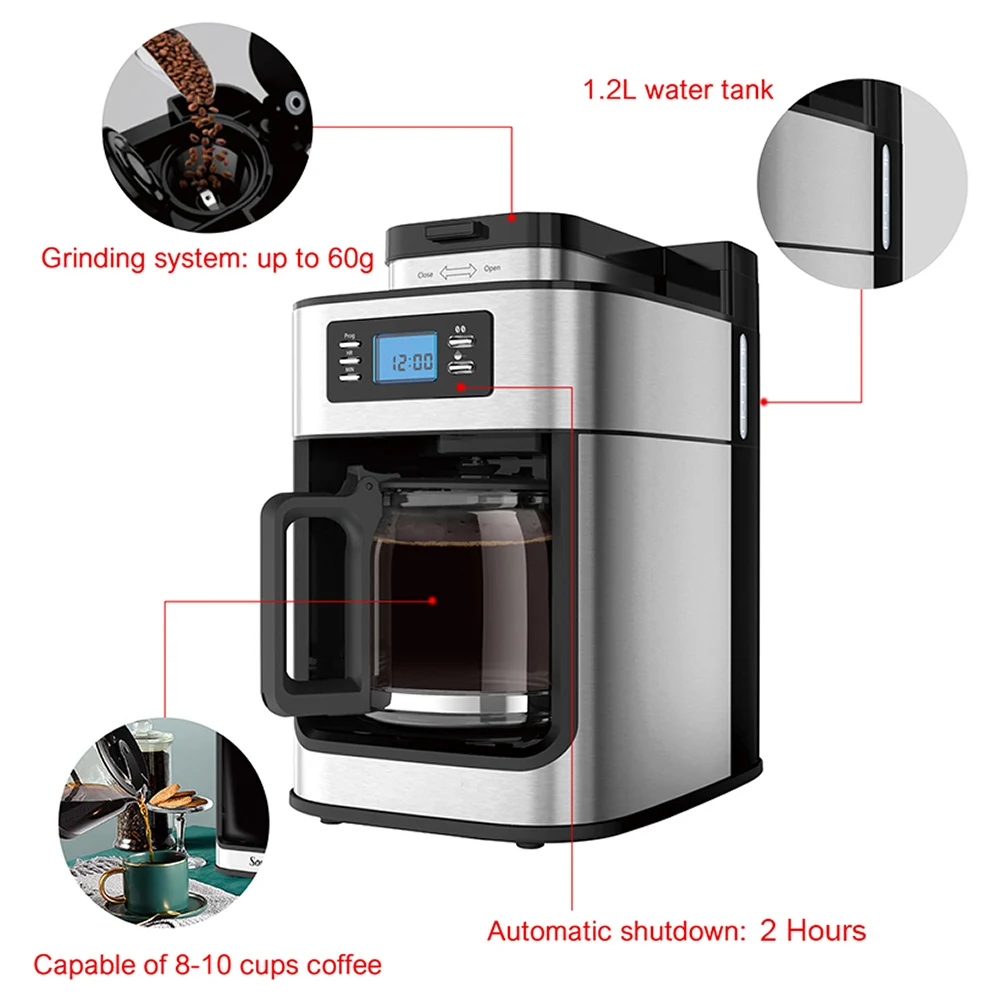 XEOLEO 2 In1 Automatic Coffee Machines Drip LED-Display Electric Bean Coffee Maker Espresso Tea Boiler Drip Mill Beans Grinding