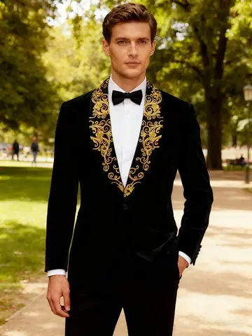 Men's single piece floral embroidery slim fit single button suit jacket with a suit top collar, suitable for parties, weddings,