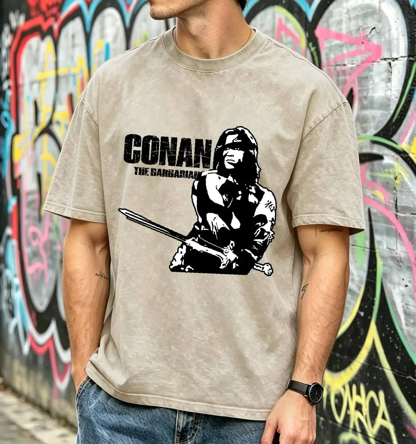 washed T Shirt Conan the Barbarian Vintage Movie Poster Men's Sword Schwarzenegger Top vintage Washed Versatile