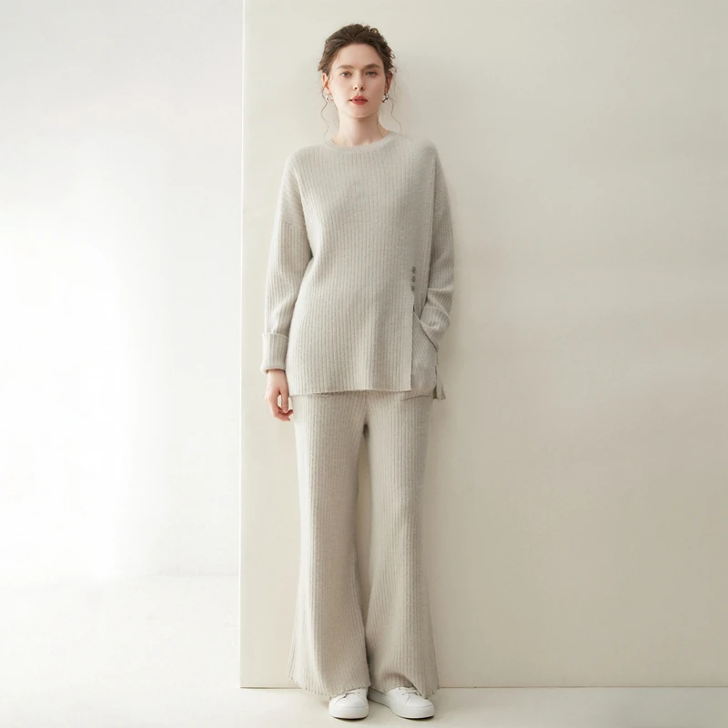 2026 Women's 100% Cashmere Pullover Sweater Wide Leg Pants Suit Autumn Winter Long Sleeve Simple Knitwear Grace Cashmere Set