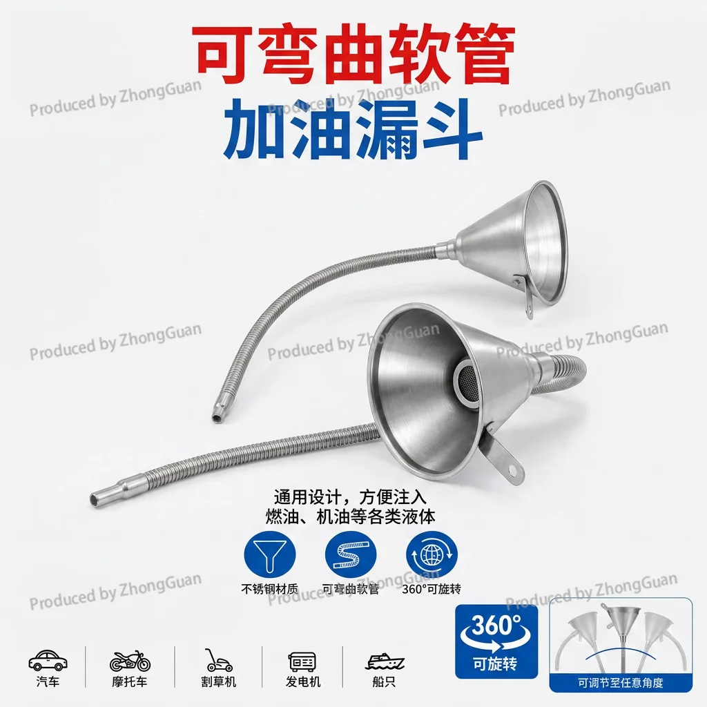 Automotive Fuel Funnel with Filter Screen, Universal Motorcycle Oil Funnel, Refueling Tool, Stainless Steel