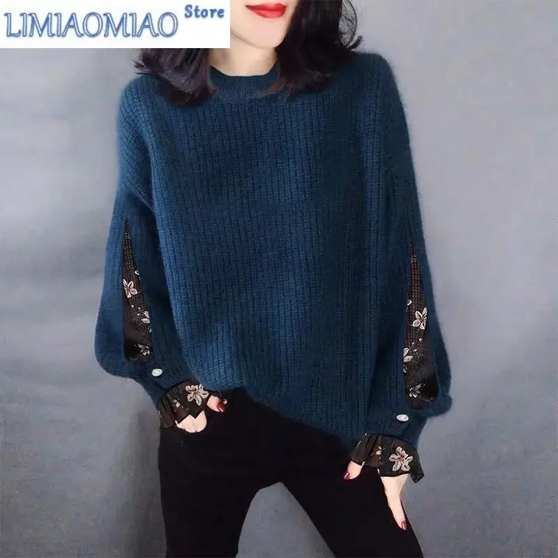 

Новый осенне-зимний модный корейский вариант лоскутного контрастного свитера с круглым вырезом, свободный и универсальный вязаный топ в западном стиле