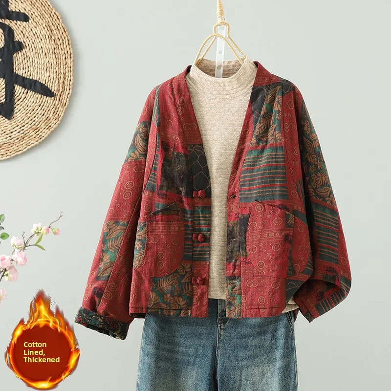 

Loose Fit Floral Print Open Cardigan Cotton Jaet Women's Artistic Sle Large Size Button Detail Winter New Arrival