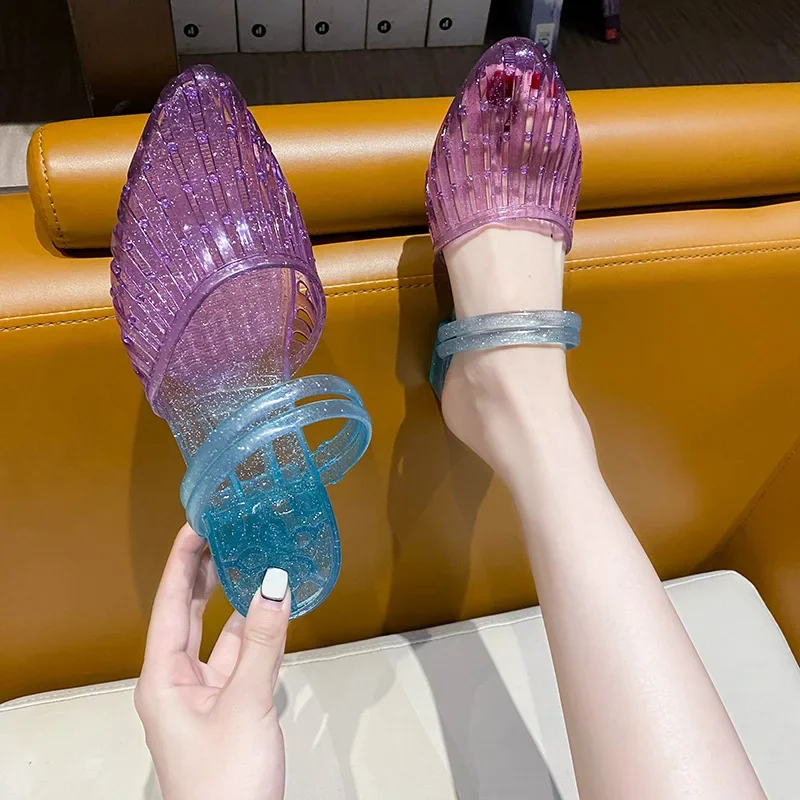 Summer New Women's Crystal Slippers Outer Wear Non-Slip Deodorous Jelly Slope Heel Bath Plastic Shoes Washable Sanitary Shoes