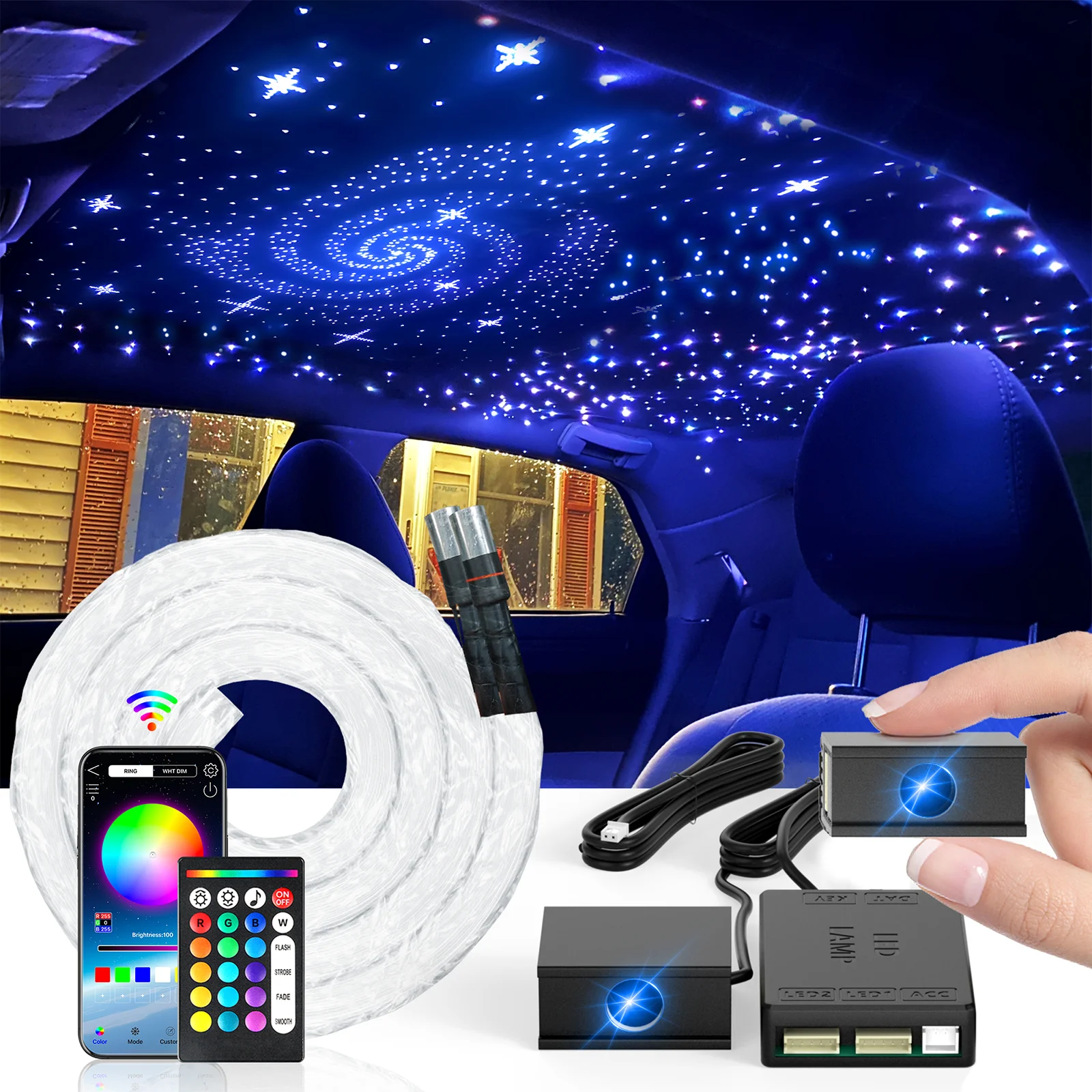 2025 New RGBW DC12V 16W 1/2/4Split Starry Sky Atmosphere Light APP Control Fiber Optic Car Starry Sky Ceiling Roof kits Interior