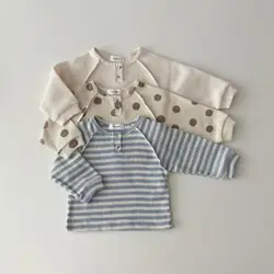 Camisetas de manga larga para bebé, camisa de fondo a rayas para niño y niña, Jersey informal versátil, Tops de puntos de gofres, Otoño, nuevo