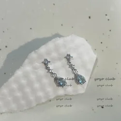 Korean High-end Blue Water Drop Zircon Earrings Niche Light Luxury Versatile stud Earring Shiny Crystal jewelry Accessories