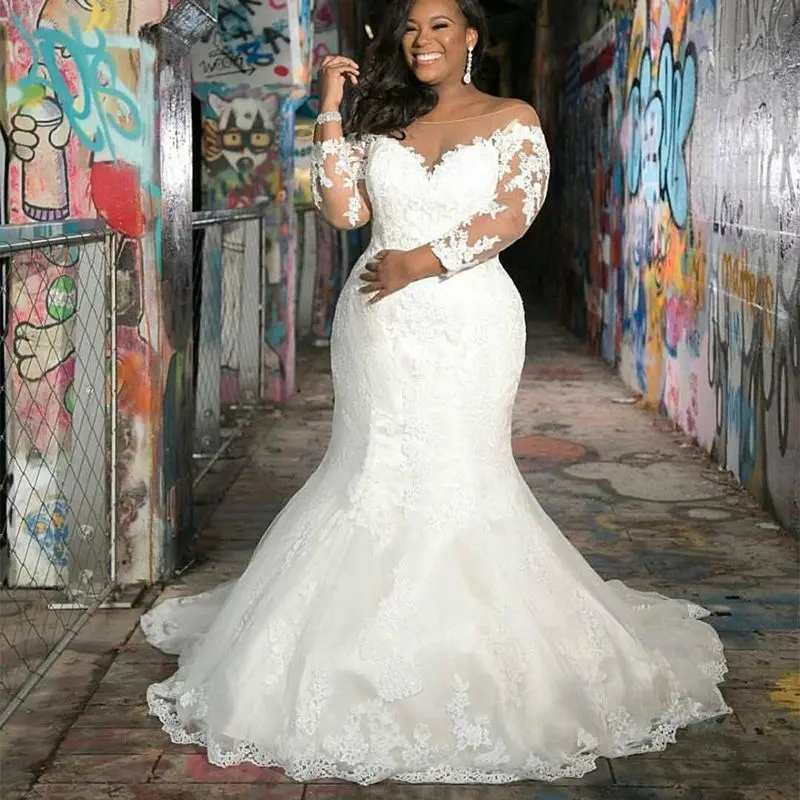 Customized Long Sleeves Plus Size Mermaid Wedding Dresses Lace V Neck Country Boho Bridal Gowns For Garden