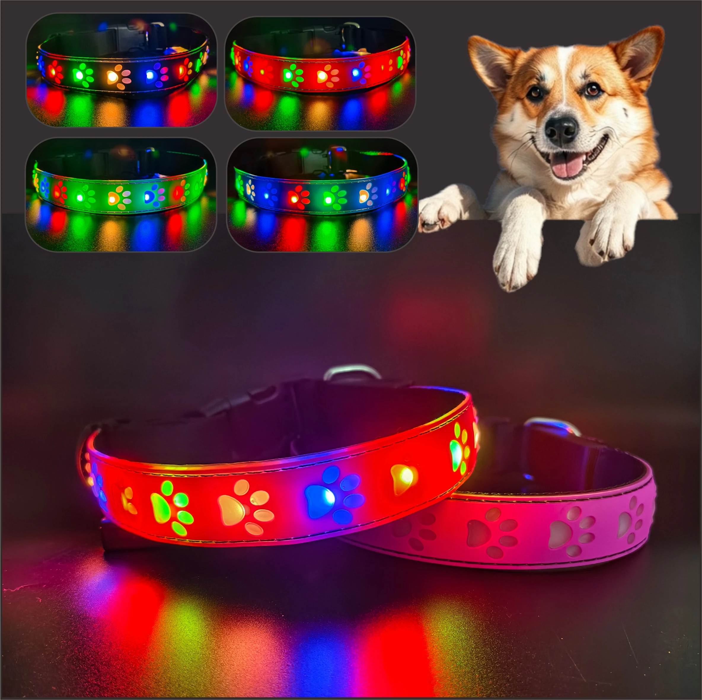 LED Dog Collar, Adjustable Slip & Martingale, High-Quality Rubber Material, Argyle Pattern, Safety Light Up Collar for Night