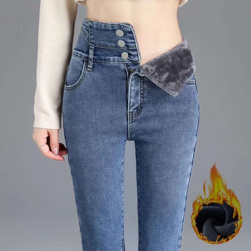 Women Winter Thicken Velvet Lined Skinny Denim Pants Streetwear Casual Pencil Jeans High Waist Warm Button Fly Stretch Vaqueros