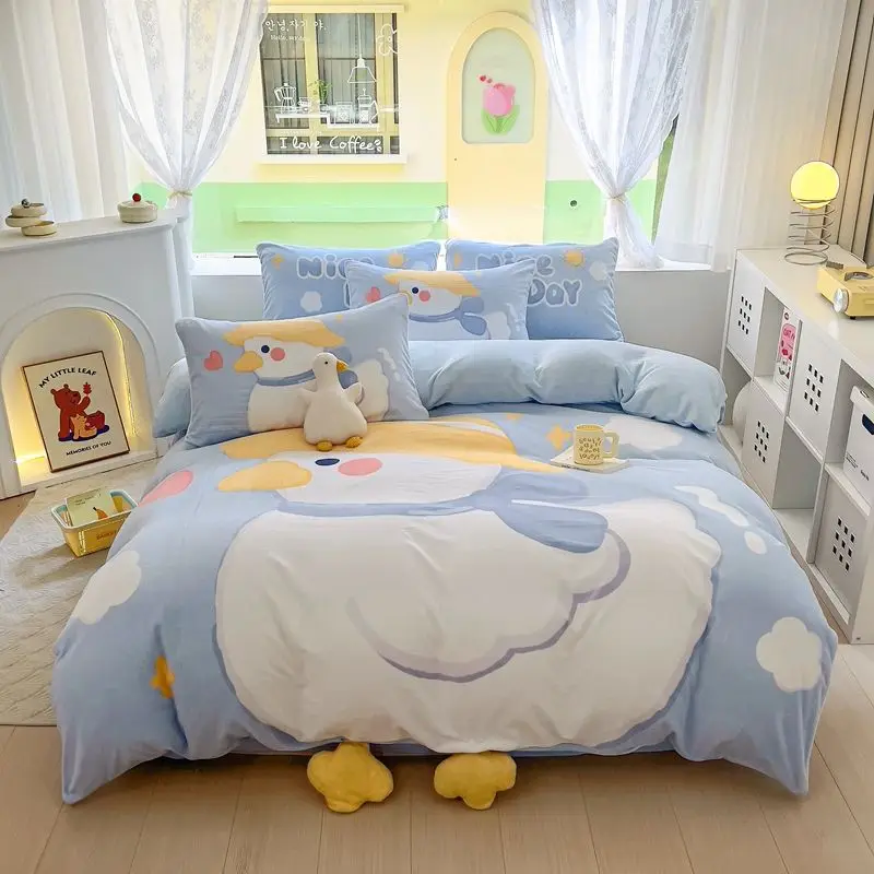 

Cartoon Yellow Duck Thickened Milk Plush Bed Set Warm Double Sided Velvet Cute Duvet Cover For Children's Bedroom Decoration