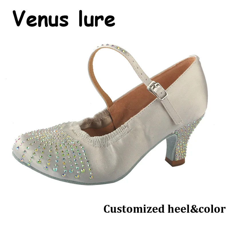 

Venus Lure Customized Practice Latin Woman Dance Shoes Silver Silk Fabric with Elastic front Suede Sole Dancing Heels