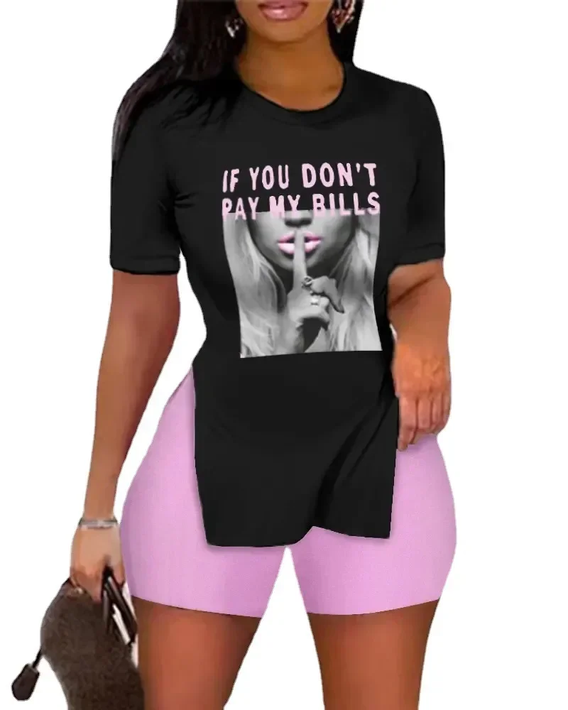 Summer 2024 Women\'s 2 Piece Shorts Sets Round Neck Print Short Sleeve T Shirts Tops Suits Side Split Elastic Waist Trousers